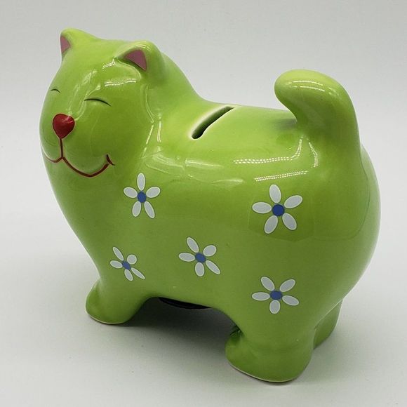 Lime Green Cat Shaped Applied White Blue Flowers Ceramic Piggy Bank with Stopper - Picture 11 of 13